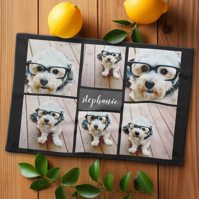 6 Photo Collage Name Minimalist - Can Edit colour Kitchen Towel (Custom Kitchen Towel with Photo Collage)