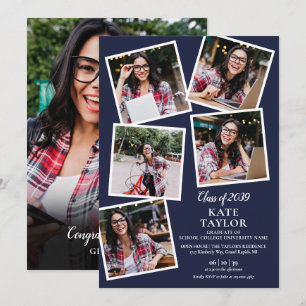 6 Photo Collage Navy Blue Graduation Party Invitation