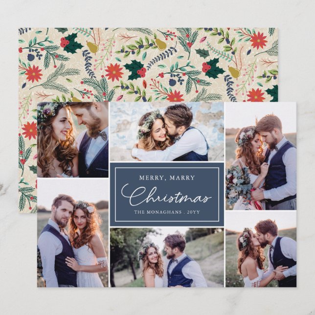 6 Photo Collage Newlyweds Merry Marry Blue Holiday Card (Front/Back)