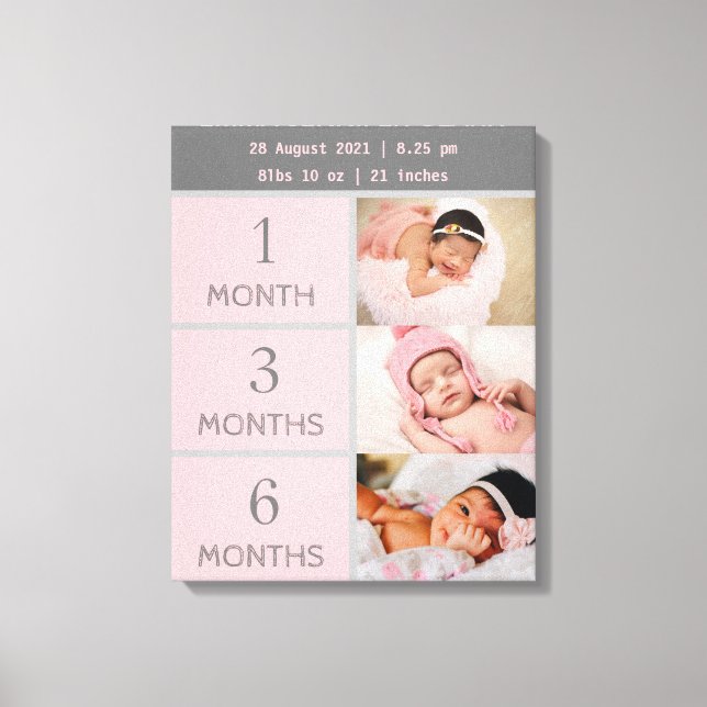 6 photo collage nursery newborn baby month details canvas print (Front)