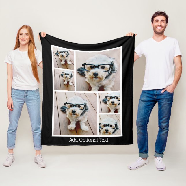 6 Photo Collage Optional Text -- black background Fleece Blanket (In Situ)