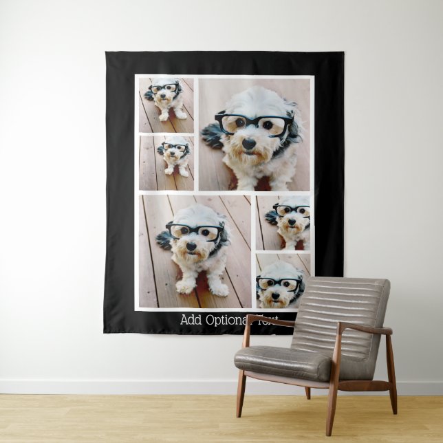 6 Photo Collage Optional Text -- black background Tapestry (In Situ)