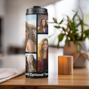 6 Photo Collage Optional Text -- Can Edit Black Thermal Tumbler