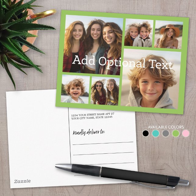 6 Photo Collage Optional Text -- CAN Edit Green Postcard (Custom Photo Collage on a Postcard)