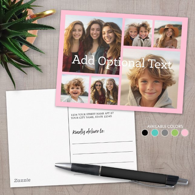 6 Photo Collage Optional Text -- CAN Edit Pink Postcard (Custom Photo Collage on a Postcard)