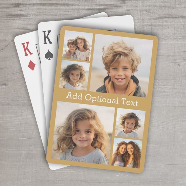 6 Photo Collage Optional Text -- Gold Playing Cards (Personalized Playing Cards - 6 Photo Collage)