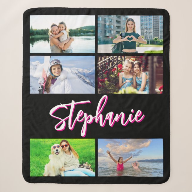 6 Photo Collage Personalized Hot Pink Black Medium Sherpa Blanket (Front)