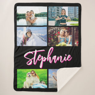 6 Photo Collage Personalized Hot Pink Black Sherpa Blanket