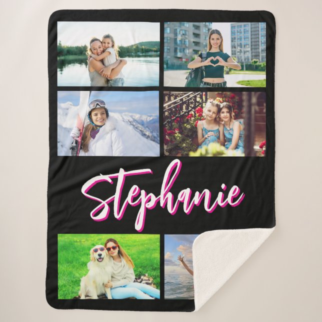 6 Photo Collage Personalized Hot Pink Black Sherpa Blanket (Front)
