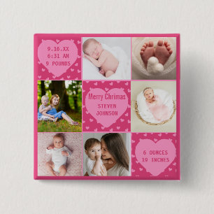 6 Photo Collage Pink heart new born Birth Stat 2 Inch Square Button