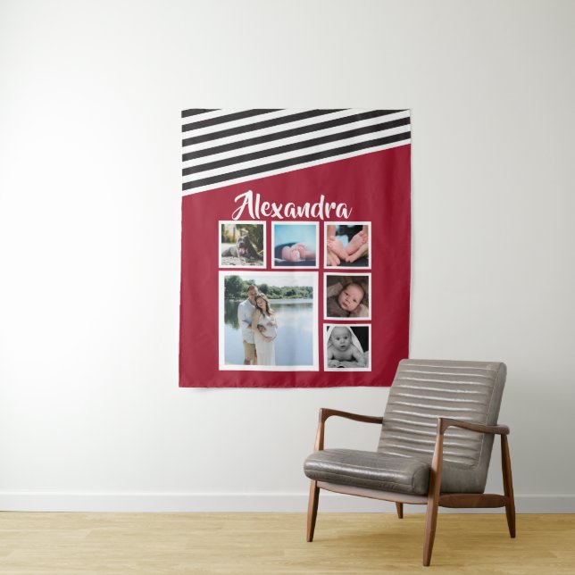 6 Photo Collage Red Striped Pattern Personalized Tapestry (In Situ)