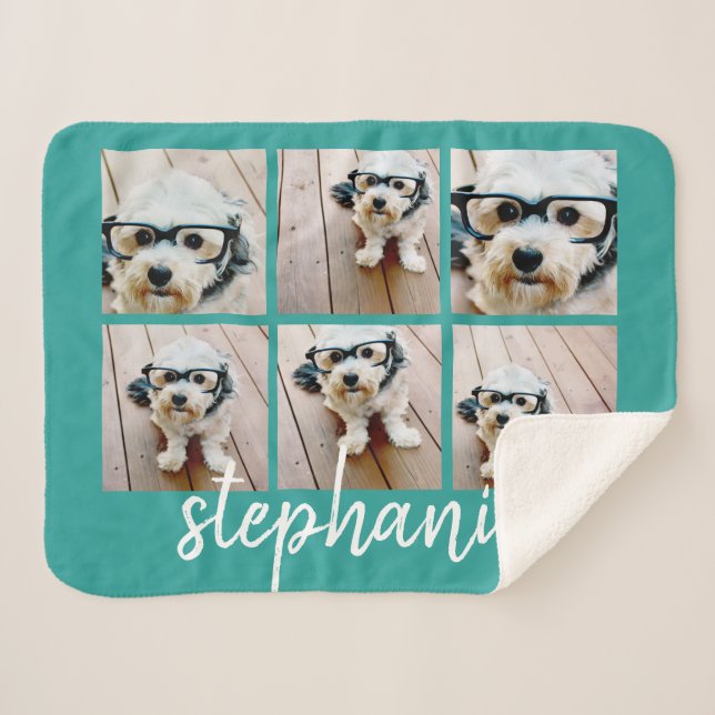 6 Photo Collage Script White Handwritten Name teal Sherpa Blanket (Front (Horizontal))