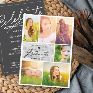 6 Photo Collage Silver Foil Chic Graduation Party Invitation