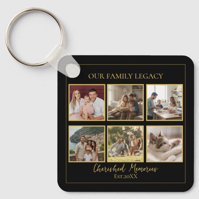 6 Photo Collage Square Black Gold Keychain (Front)