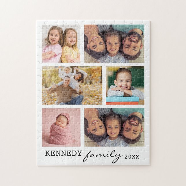 6 Photo Collage Template Family Name White Jigsaw Puzzle (Vertical)