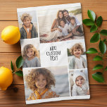 6 photo collage - white background - black text kitchen towel<br><div class="desc">6 photos in an uneven pattern surround an opening for three lines of text. Use 2 square cropped photos and 4 vertical photos to make this work!
The background is white. If you want to change the colours,  click on the advanced design area and see more choices.</div>