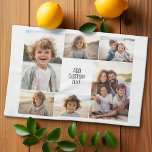 6 photo collage - white background - black text kitchen towel<br><div class="desc">6 photos in an uneven pattern surround an opening for three lines of text. Use 2 vertical cropped photos and 4 horizontal photos to make this work!
The background is white. If you want to change the colours,  click on the advanced design area and see more choices.</div>