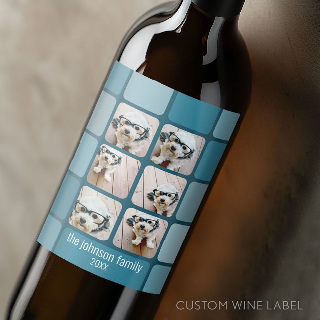 6 Photo Collage with Blues Retro Font Name Wine Label (Custom Wine Bottle Label - Personalize a Sticker for a fun gift or memento)