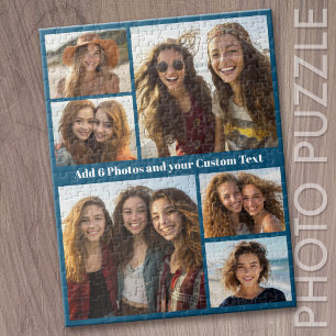 6 Photo Collage with Chunky Text -Modern Dark Blue Jigsaw Puzzle