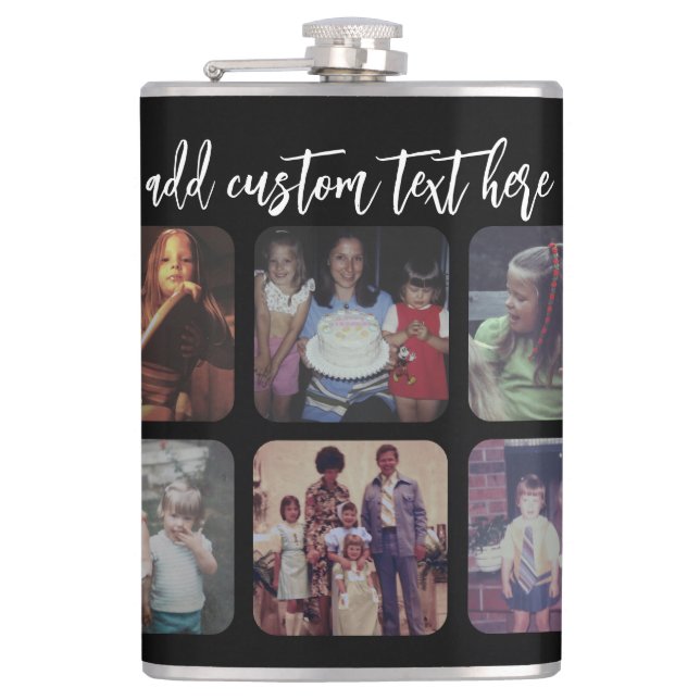6 Photo Collage with trendy bounce script - black Hip Flask (Front)