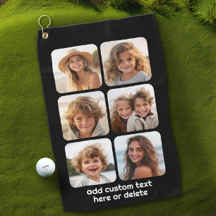 6 Photo Collage with white text on black Golf Towel