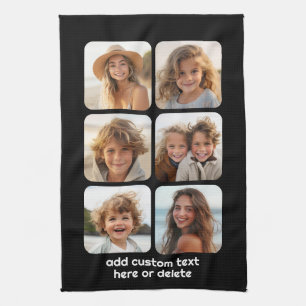 6 Photo Collage with white text on black Kitchen Towel
