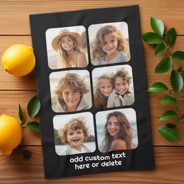 6 Photo Collage with white text on black Kitchen Towel (Custom Kitchen Towel with Photo Collage)