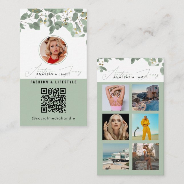 6 Photo Feed Grid Social Media QR Code Eucalyptus Business Card (Front/Back)