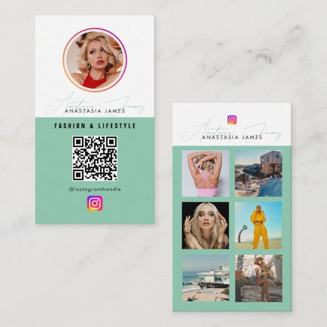 6 Photo Feed Grid Social Media QR Code Green Business Card (Front/Back)