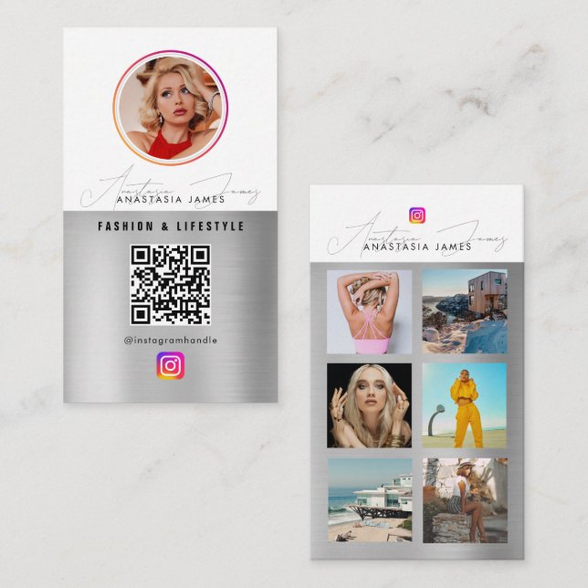 6 Photo Feed Grid Social Media QR Code Silver Business Card (Front/Back)