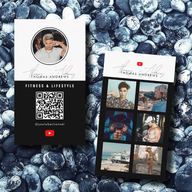 6 Photo Feed Grid Vlogger Channel QR Code Male Business Card (6 Photo Feed Grid Vlogger Channel QR Code Male Business Card)