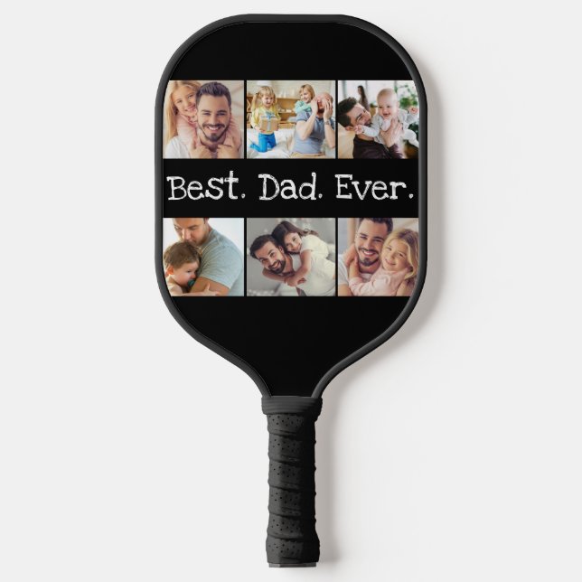 6 Photo Fun Best Dad Ever Collage Black and White Pickleball Paddle (Front)
