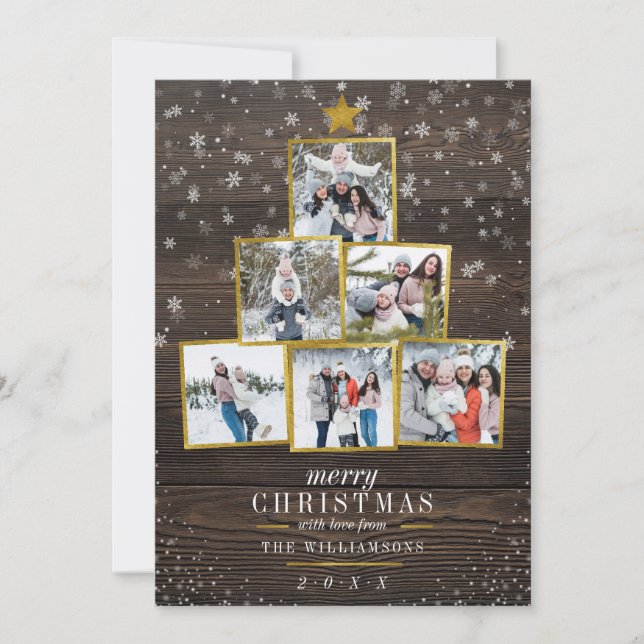6 Photo Gold Christmas Tree | Rustic Wood & Snow Invitation (Front)