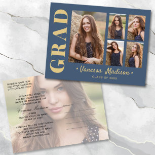 6 Photo Grad Collage Modern Script Blue and Gold Postcard