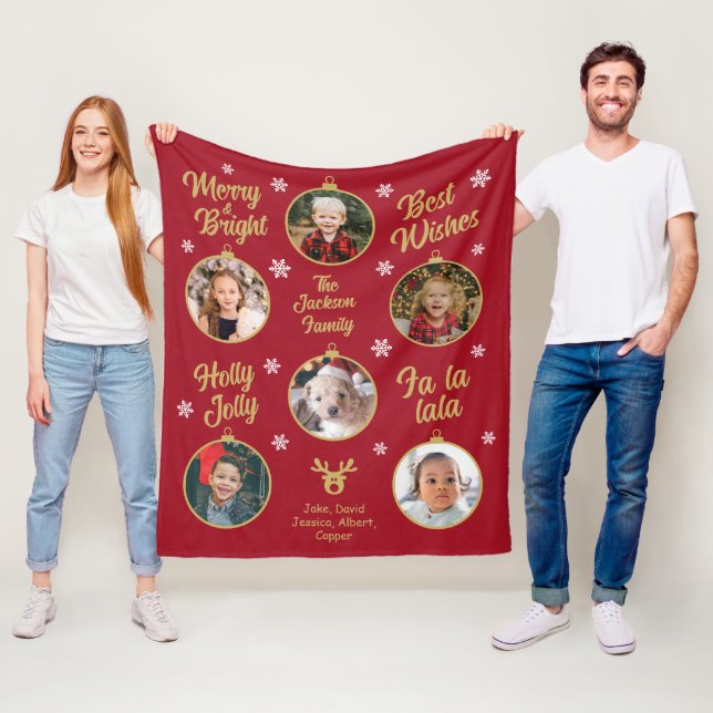 6 Photo Grandma Christmas Bubbles Red Fleece Blanket (In Situ)