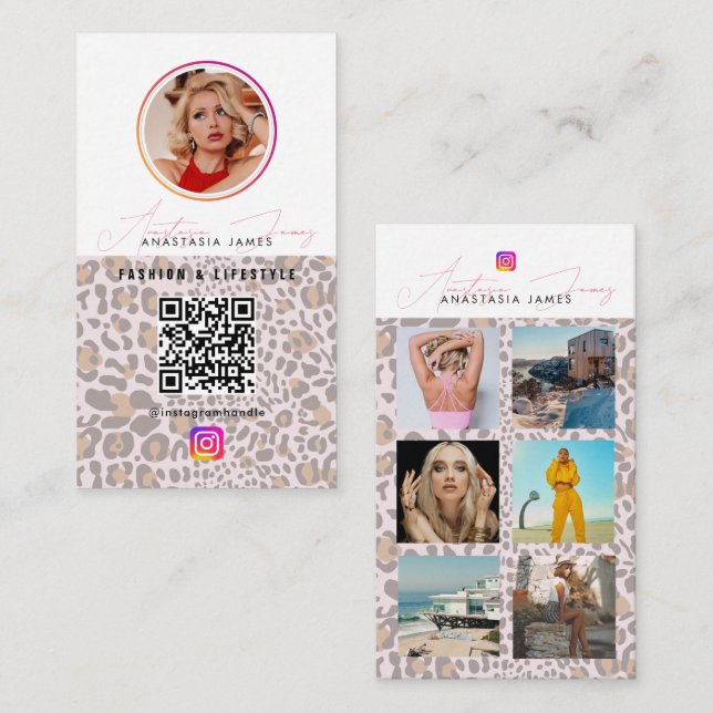 6 Photo Grid Social Media QR Code Leopard Print Business Card (Front/Back)