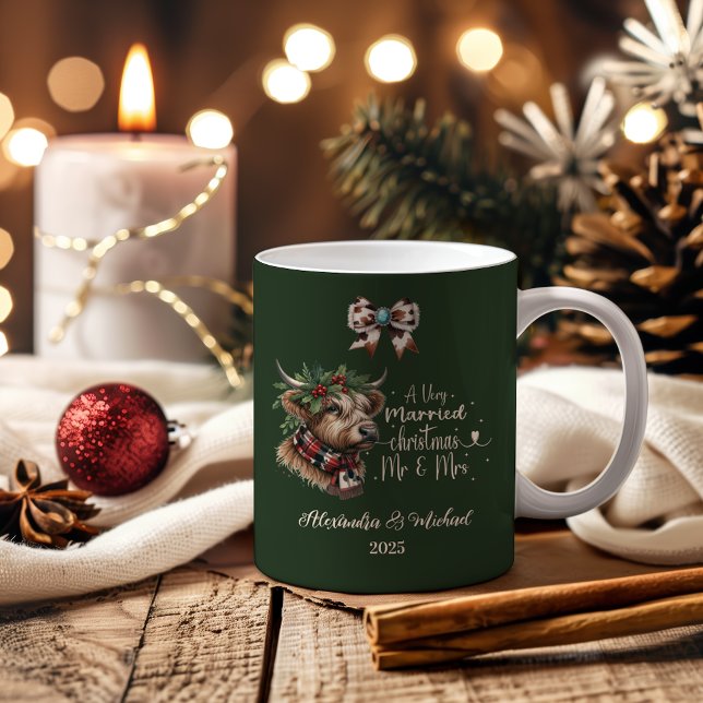 6 Photo Highland Cow Merry Christmas Mrs and Mr Two-Tone Coffee Mug (Creator Uploaded)