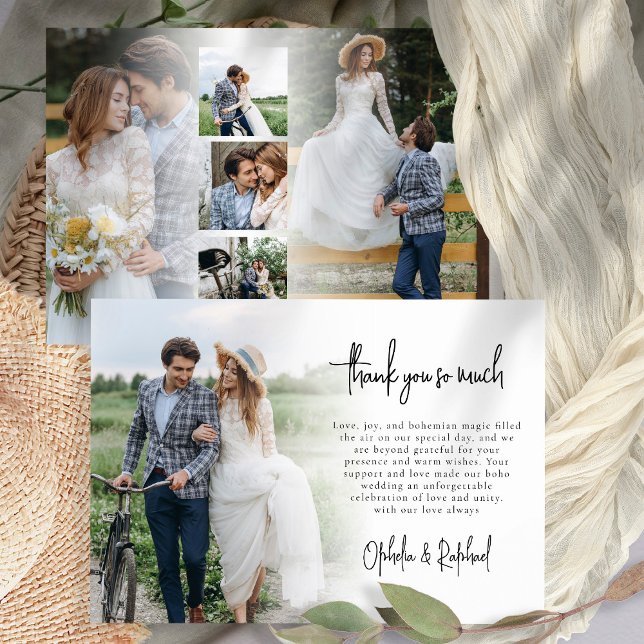 6 Photo Newlyweds Script Boho Wedding Thank You Card (Front and back view )