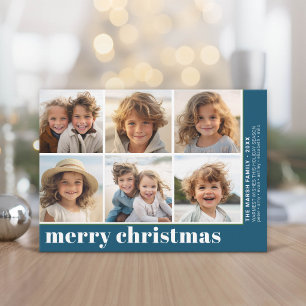 6 Photo Offset - Merry Christmas - Blue Holiday Card