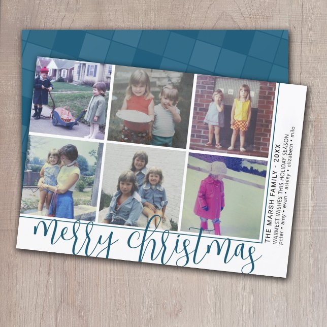 6 Photo Offset - Script Merry Christmas - Blue Holiday Card (Creator Uploaded)