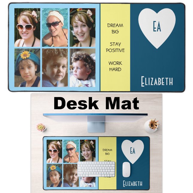 6 photo quotes add name initials blue yellow desk mat (Creator Uploaded)