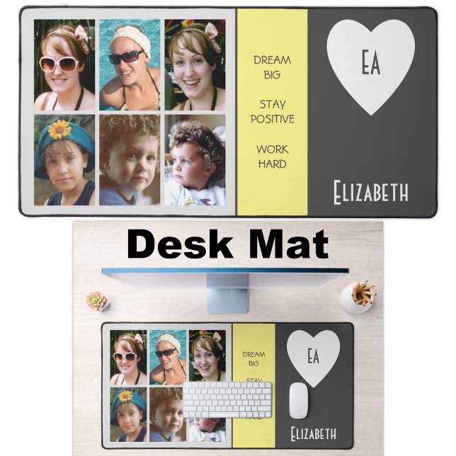 6 photo quotes add name initials grey yellow desk mat (Creator Uploaded)