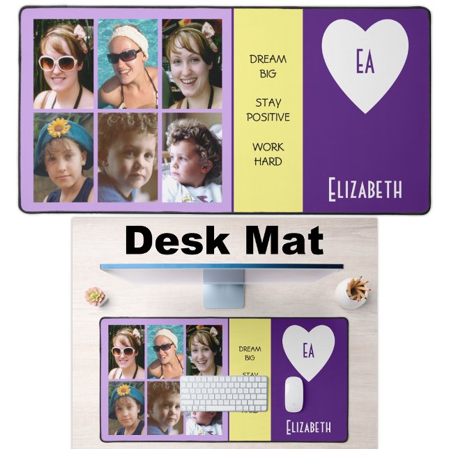 6 photo quotes add name initials purple yellow desk mat (Creator Uploaded)