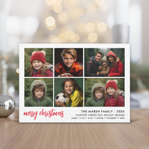 6 Photo Script Merry Christmas - White Border Red Holiday Card