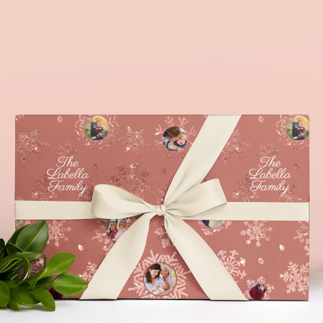 6 Photo Template Rose Gold Glitter Snowflakes Gift Wrapping Paper (Creator Uploaded)
