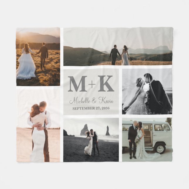 6 Photo Wedding Collage Newlyweds Photo Fleece Blanket (Front (Horizontal))