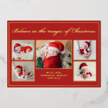 6 photos believe in Christmas magic family red Foil Holiday Card<br><div class="desc">Modern holiday greeting card featuring 5 of your favourite Christmas family portraits complemented by real gold foil frames and wording that reads "Believe in the magic of Christmas" over a festive red background, customizable with your message or names. You can upload one more picture on the reverse of the card....</div>