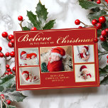 6 photos believe in Christmas magic family red Foil Holiday Card<br><div class="desc">Modern holiday greeting card featuring 5 of your favourite Christmas family portraits complemented by real gold foil frames and wording that reads "Believe in the magic of Christmas" over a festive red background, customizable with your message or names. You can upload one more picture on the reverse of the card....</div>