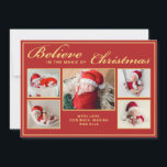 6 photos believe in Christmas magic family red Holiday Card<br><div class="desc">This modern holiday greeting card features 5 of your favourite Christmas family portraits complemented by elegant wording that reads "Believe in the magic of Christmas" over a festive red background. It is customizable with your message or name. 
You can upload one more picture on the reverse of the card.</div>