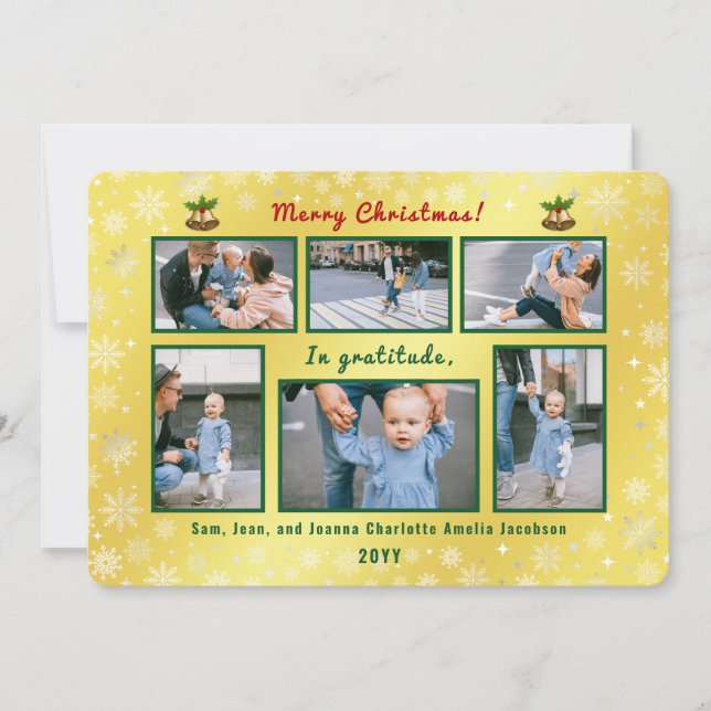 6 Photos Collage Cute Elegant Golden Personalized Holiday Card (Front)